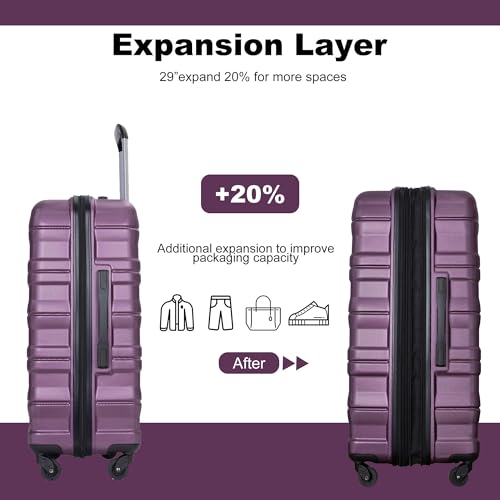 Expandable 3-Piece Luggage Set (21", 25", 29"), PC Lightweight & Durable Suitcase with 360° Spinner Wheels, Two Hooks and TSA Lock, Carry-On & Checked Travel Gear Set (Dark Purple)3