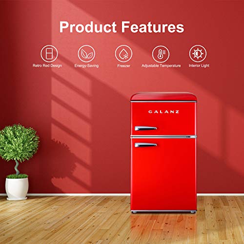 Galanz Glr31Trder Retro Compact Refrigerator, Mini Fridge With Dual Doors, Adjustable Mechanical Thermostat, True Freezer, Red, 3.1 Cu Ft #TOP2