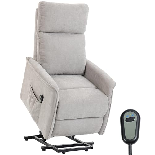 HOMCOM Fauteuil Releveur Électrique, Fauteuil Relax Électrique en Chenille, Dossier Inclinable, Coussin à Ressorts, Télécommande et Poches Latérales, pour Personnes Âgées, Montage Facile, Gris Clair