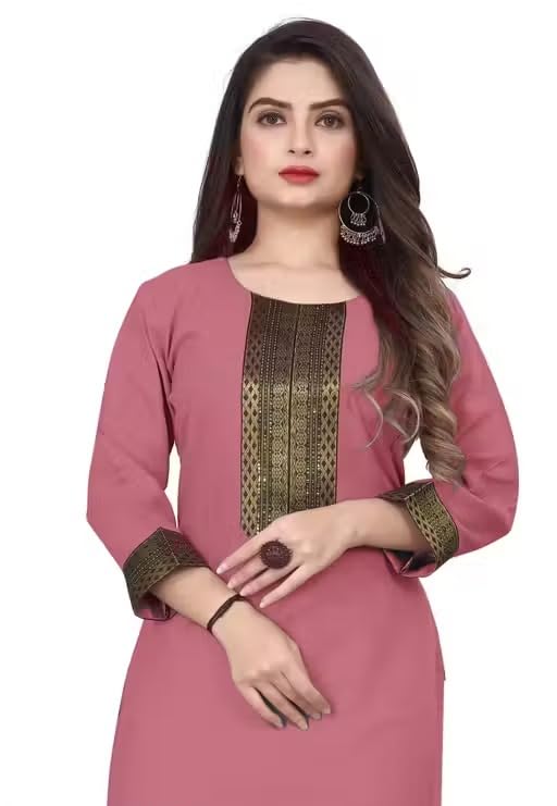 Image of Women Straight Woven Design Cotton Blend Round Neck 3 /4 Sleeve Kurti Only