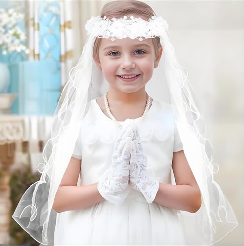 Lystaii Girls Bowknot Rhinestone Flower Veil Girls First Holy Communion Headband Hair Wreath Floral Crown Pearls Crystal Lace Headpiece Veil White for Wedding Party4
