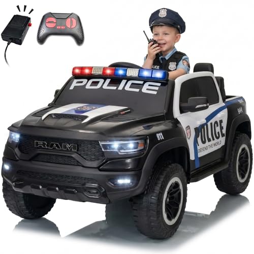 Image of 24V Ride on Police Car, 4WD Electric Kids Patrol Vehicle with Parental Remote Control, Flashing Lights, Siren, Megaphone, Bluetooth, Spring Suspension, 2-Seater Motorized Toy Truck for Kids