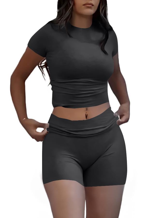 Image of AYWA Women's Two Piece Sets Summer Slim Fitted Short Sleeve Tops Foldover Shorts Matching Lounge Sets