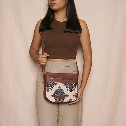 Image of ZOUK Women's Handcrafted Cream Mughal Motif Printed U Shaped Sling Bag