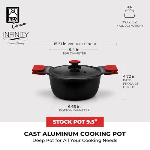 Image of BRA COOKWARE Infinity Nonstick Stock Pot w /Glass Lid | 9.5 Inch 3.8 Quart Cast Aluminum Cooking Pot | PFOA /PFAS Free Deep Pot | All Cooktops (incl Induction) | Removable Silicone Handle