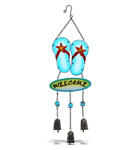 CoTa Global Aqua Welcome - Campana de viento colgante de cristal de mar de 26.38 pulgadas, diseño náutico para exteriores para porche armónico, patio y jardín, diseño de playa único