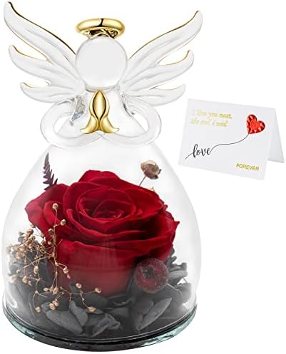 Sunia Angel Figurine Gift, Preserved Rose Forever Flower Gift Rose in Glass Christmas Mothers Day Valentines Day Gift for Women Mom Grandma Wife Thanksgiving Gift (2-1-Red)