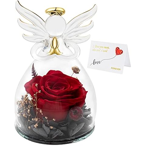 Yamonic Handmade Eternal Rose,Guardian Angel Gifts,Forever Rose in Angel Glass Dome,Angel Figure,Gifts for Mum on Her Birthday, Grandma Gifts, Angel Home Decoration Cover
