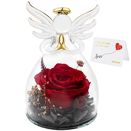 Sunia Angel Figurine Gift, Preserved Rose Forever Flower Gift Rose In Glass Christmas Mothers Day Valentines Day Gift For Women Mom Grandma Wife Thanksgiving Gift (2-1-Red) #TOP2