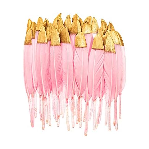 Piokio 30 pcs Metallic Gold Dipped Pink Feathers 4-6 inch(10-15 cm) for Cupcake Decorations, DIY Art and Dreamcatcher Cover