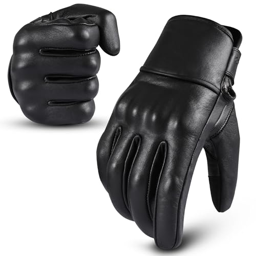 aaasportx Motorcycle Gloves Men's Leather Motorbike Gloves Touchscreen Function - Men & Women Non-Slip Pads (Non-Perforated, Black, Large)