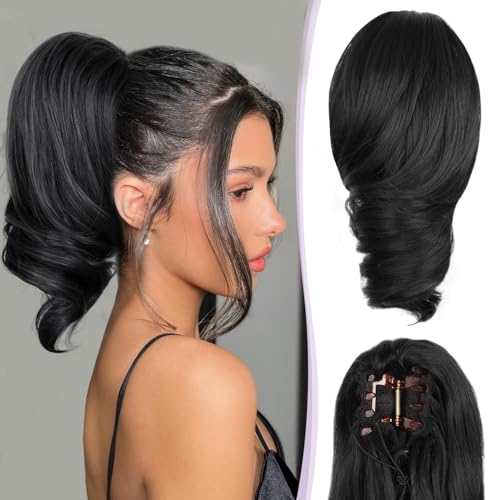 ZQIAN BEAUTY Clip on Ponytails for Women - 12 Inch Curly Black Ponytail Extension, Curly Pony Tails Hair Extensions, Synthetic Hair Extensions Ponytail, Natural Hair Pieces for Women (Color: Black)