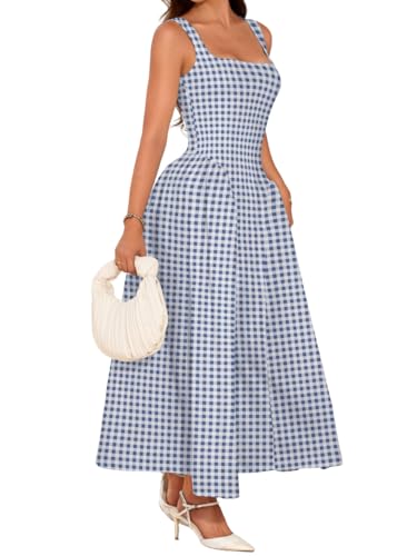 ChiaoLezhee Plaid Maxi Dress A Line Drop Waist Wedding Guest Tea Party Pastel Gingham Square Neck Flowy Semi Formal Picnic Dresses for Women Bridesmaid Checkered Corset Summer Spring Blue Large