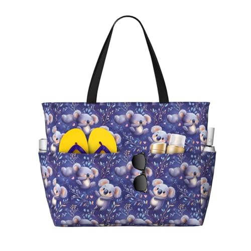 Large Beach Bags for Women Sandproof - Cute Koala Night Print Summer Travel Work Tote Bags with Zipper