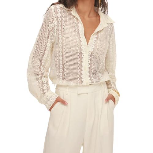 Women's Lace Long Sleeve Top Dressy Casual Embroidery Y2K Hollow