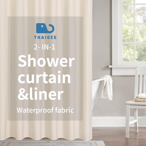 THAIGEE 2-in-1 Waterproof Fabric Shower Curtain,No Separate Liner Needed,Linen Textured,Effortless Cleaning & Washable Bathroom Shower Curtain Set with 12 Plastic Hooks,72"x72",Cream