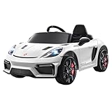 12V Ride on Car Licensed Porsche 718, Kids Electric Car with Remote Control, Front/Rear LED Light, Radio, USB/AUX, Openable Doors, Suspension Function, Durable Tires (White)
