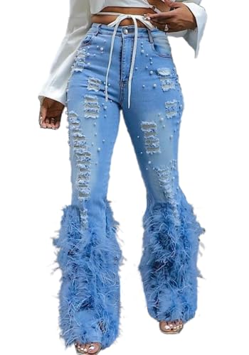 Vaceky Ripped Flared Jeans Women Stretch Bell Bottoms Feather Pearl Denim Pants