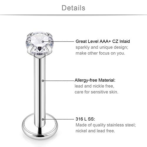 Scerring 6 Pairs 16G Stainless Steel 2-4.5Mm Prong Setting Clear Cz Internally Threaded Labret Monroe Lip Tragus Daith Cartilage Helix Earring Ring Body Piercing Jewelry 8Mm - Silver #TOP1