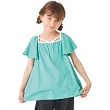 [ever closet] Tシャツ キッズ 子供 女の子 半袖 綿100％ [ エメラルドグリーン 140 ] スクエアネック クロスデザイン フリル袖 春服 夏服 通園 通学 普段着 子供服 キッズ服 エバークローゼット