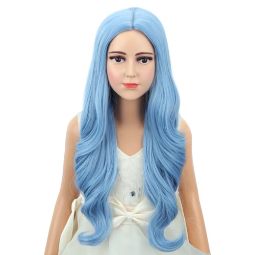 Image of Light Blue Wig Long Middle Part Wig Long Wavy Curly Wigs Heat Resistant Synthetic Wigs for Daily Party Use
