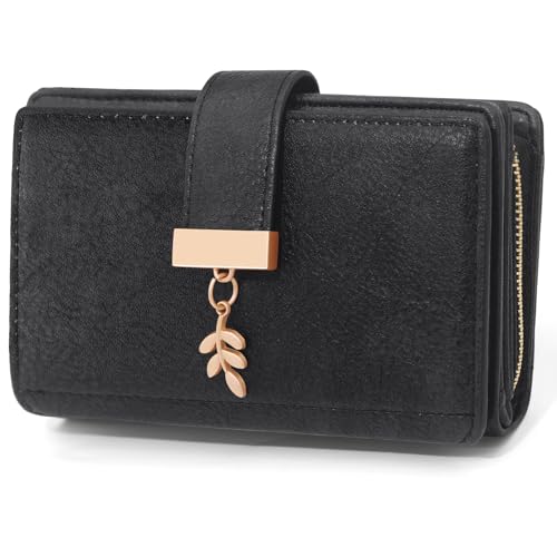 Portefeuille femme cuir vintage noir raffiné de taille moyenne aux finitions premium