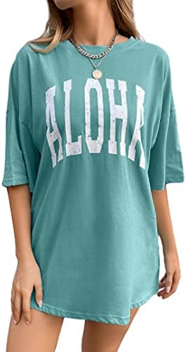 Remidoo Women's Casual Oversized T Shirts Short Sleeve Graphic Tees Aloha Letters Print Shirt Lake Green Small