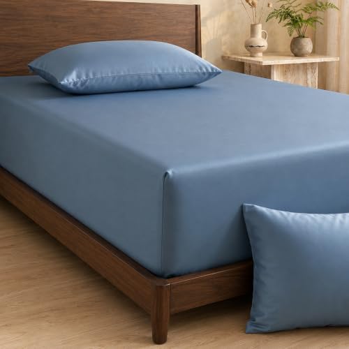 Image of HOMEMONDE 100% Bamboo King Size Fitted Bedsheet with 2 Pillow Covers | 300 TC Luxury Cooling Elastic Fitted Sheet | Ultra Soft, Breathable & Moisture Wicking | (Bahamas Blue, 78x72 Inches)