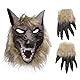 Warmhm Halloween Werwolf Kostüm Set, Horror Werwolf Kopfmaske und Klauenhandschuhe Wolf Cosplay Maske Anziehkostüm für Halloween Party