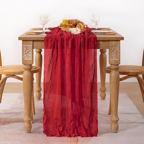 Image of MLMC 6 Pack Red Table Runner Boho Rustic Gauze Cheesecloth Table Runner Sheer Cheese Cloth Centerpiece Decor 65x120 Inches for Wedding Reception Annniversary Decor