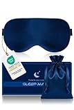 Maschera da notte oscurante in seta 100% pura, maschera da sonno anallergica, con fascia regolabile, unisex (blu)