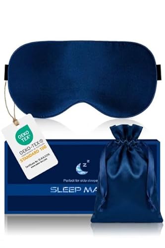 Masque de Nuit Occultant en Soie 100% Pure, Masque de Sommeil Antiallergique, avec Bandeau Réglable, Unisexe (Bleu)