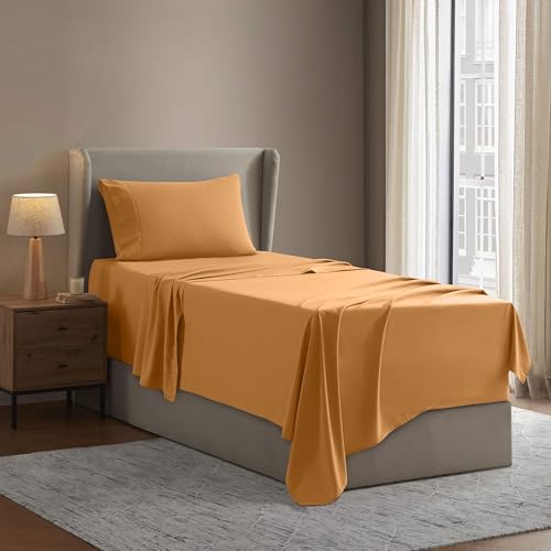 Image of Nestl Twin Bed Sheet Set - Light Orange - 3-Piece Deep Pocket | Instantly Soft, Night-One Ready (No Wash Required). Fits 16-Inch Deep Pockets, 360-Degree Elastic Grip