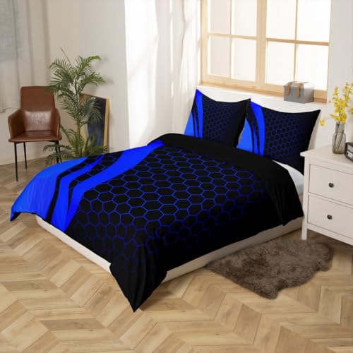 Geometry Bedding Set Geometry Honeycomb Comforter Cover for Kids Boys Girls Teens Hexagonal Geometrical Blue Black Duvet Cover Breathable Beehive Bedspread Cover Room Decor Quilt Cover Queen Size