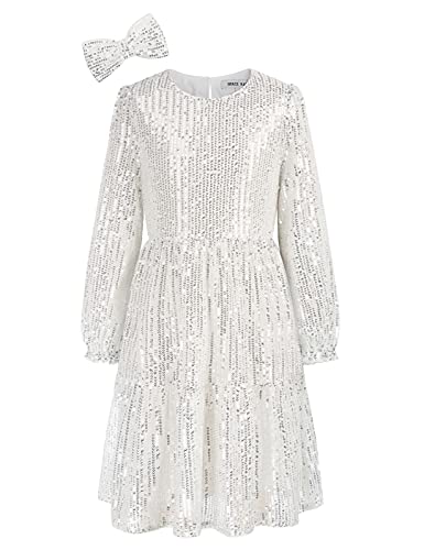 GRACE KARIN Flower Girls Dresses Kids Birthday Party Dress Big Girls Sequin Dress Silver White 7Y