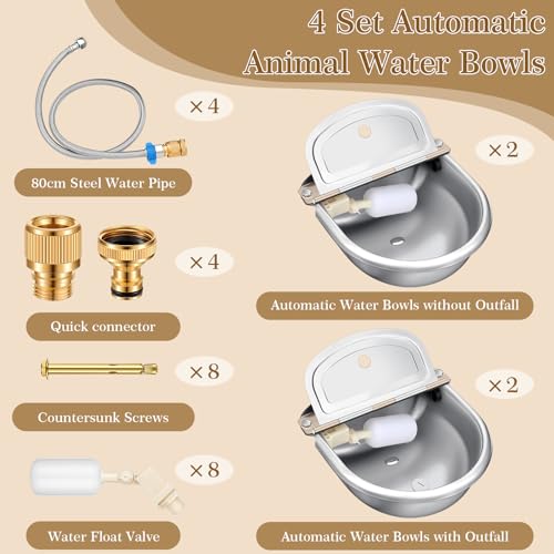 Bokon 4 Set Automatic Animal Drinking Water Trough Bowl Automatic Livestock Drinking Dispenser Stainless Steel Waterer for Horses Dogs Goat Pig with Float Pipe Connector Countersunk Bolt