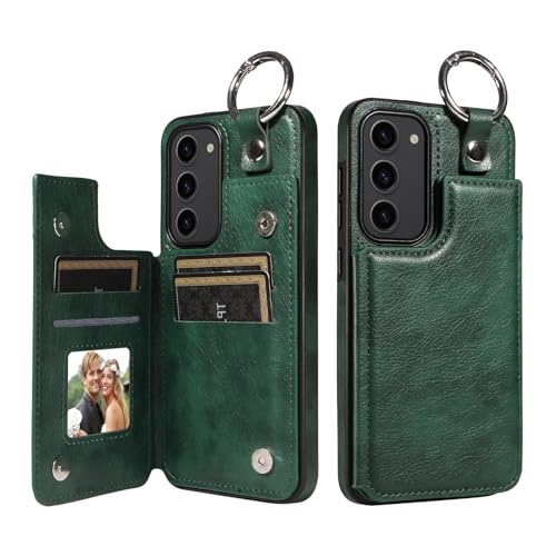 �g�ѓd�b�ی�P�[�X Samsung Galaxy S23 Plus �Ή� �E�H���b�g�P�[�X PU���U�[ �J�[�h�|�P�b�g�t�� �o�b�N�J�o�[ �����O�t�� �_�u�����C�N���X�v �ϋv���̂���ϏՌ��J�o�[(Green)