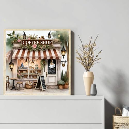 Image of KYOQFVN Coffee Shop Cross Stitch Kits for Adults - House Embroidery Kits for Beginners Adults, 11 CT Patterns Dimensions Counted Cross Stitch Kits for Adults Arts Craft 14x14 inch