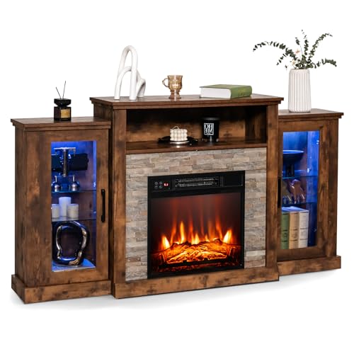 DORTALA - DORTALA Electric Fireplace TV Stand for TVs Up to 65 Inches, Electric Fireplace Mantel with 16-Color Led Lights, Adjustable Glass Shelves, Remote & Smart APP Control, Brown