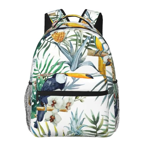 Mochila diaria informal con estampado de hojas tropicales y costuras duraderas