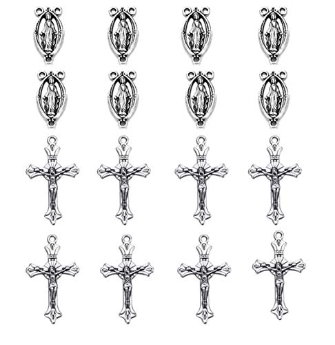 140pcs Antique Silver Alloy Tibetan Mixed Style Rosary Cross and Center Miraculous Medal, Crucifix Cross Pendants and Oval Picture Links for Beads Necklace Making (140pcs)
