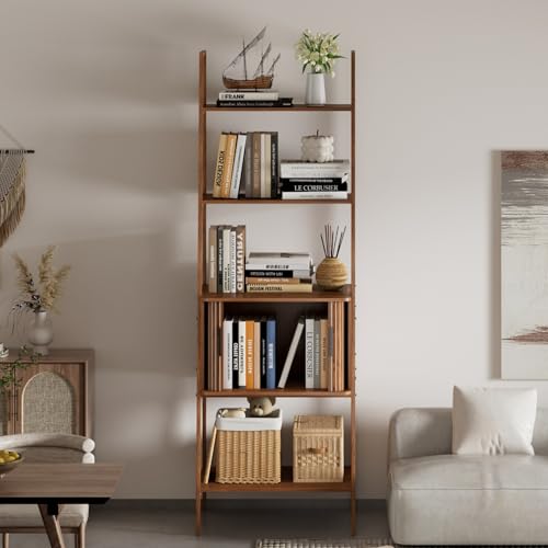 Image of LUVIOHOME 4 Tier Bookshelf with Drawer,Tall Narrow Bookcase with Shelves, Wood and Metal Bookshelves Storage Organizer,Industrial Display Standing for Living Room, Home Office, Entryway (Walnut)