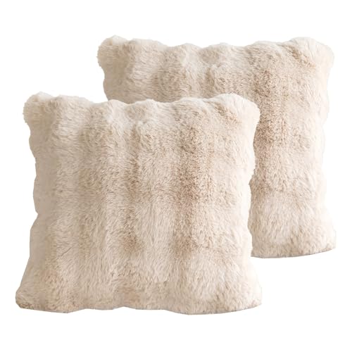 Set of 2 Decorative Throw Pillow Covers 45x45cm, Khaki Fluffy Pillow Case Luxury Faux Fur Square Sofa Cushion Covers for Sofa Couch Living Room Bedroom House Decor
