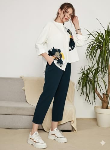 Image of TOPLOT Women's Co-ord Set | Button-up, Loose-fit top with Artistic Abstract Prints| Relaxed Loose Fit Design | Stylish Matching Set with Easy Movement | Casual, Outings (5234)