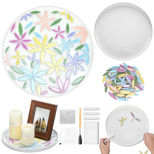 Humyoun DIY Ceramic Large Mosaic Tiles Tray for Crafts 300g Willow Leaves Mixed Color Mosaic Kits 11.8 Inch Round Tray Other Crafts Accessories for Adults Art Coaster Craft Handmade Home Decor Gifts