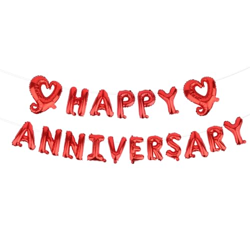 Goktvai Happy Anniversary Balão Pancarta, Vermelho Papel Alumínio Letras Globos Letreiro com Coração Romântico Decoração para Mulheres Homens Casais Amantes Cerimónia Aniversário Festa Presente