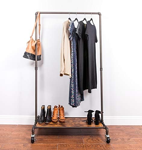 Real Home Innovations Modern Industrial Style Garment Rack with Wood Shelf, Satin Pewter