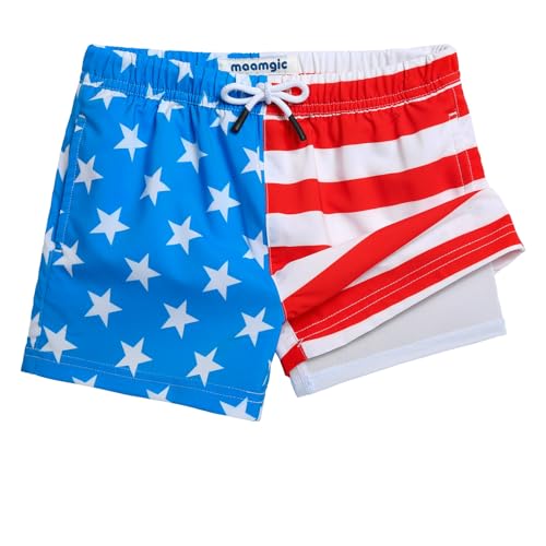 maamgic Boys Swim Trunks with Compression Liner Toddler Stretch Swim Shorts Quick Dry Swimming Trunks Boxer Brief 2 in 1 Beach Shorts American Flag 8