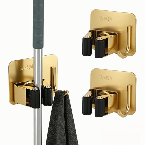 Blueden Mop and Broom Organizer Wall Hanging No Drill,Metal Utility Tool Hangers Wall Mountable,Garage Closet Organizer Heavy,Storage Rack Self Adhesive 2Pcs for Bathroom, Kitchen, Office,Laundry.Gold by blueden - Used condition - US$12.67