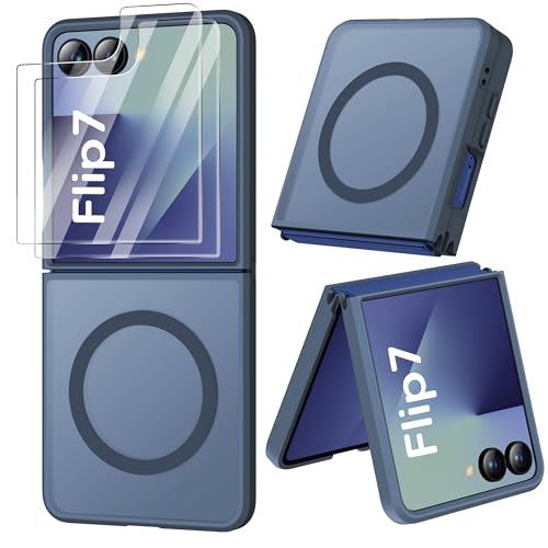 ORETECH Funda para Samsung Galaxy Z Flip 7, con [mag-Safe] [2X Protector Pantalla], Antichoque Anti-arañazos Translúcida Mate Trasera Case PC Dura para Carcasa Samsung Z Flip 7, Marino